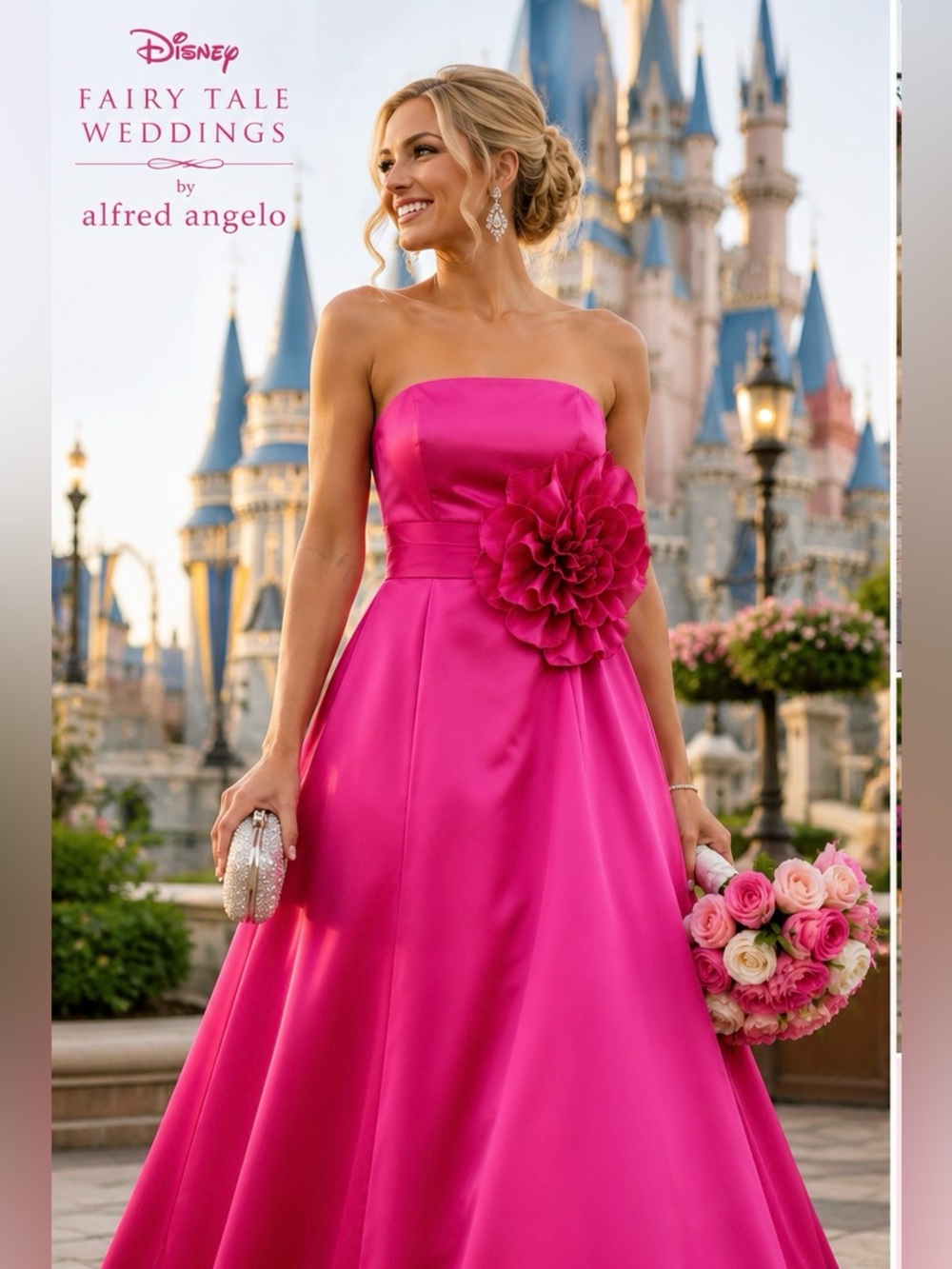 Disney Fairy Tale Weddings Alfred Angelo Fuchsia Size 10 Strapless Satin Gown B3